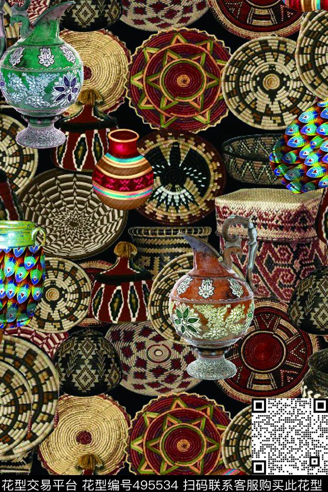 潮流时尚大牌传统花纹民族风数码印花华亿平台下载（图片编号: 495534） - 瓦栏（Walan）