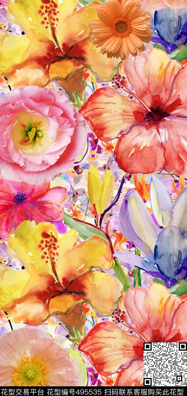 花卉潮流时尚大牌水彩花卉数码印花华亿平台下载（图片编号: 495535） - 瓦栏（Walan）