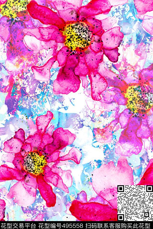 流行时尚手绘水彩花卉欧美数码印花华亿平台下载（图片编号: 495558） - 瓦栏（Walan）