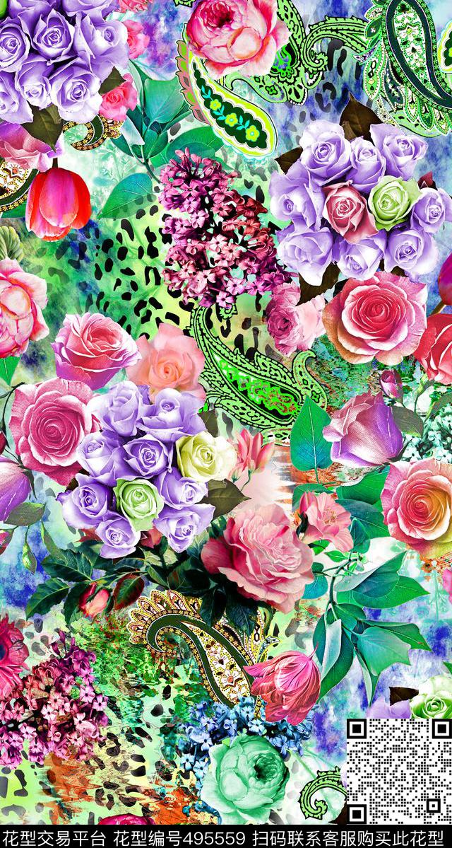 佩斯利豹纹花卉数码印花华亿平台下载（图片编号: 495559） - 瓦栏（Walan）