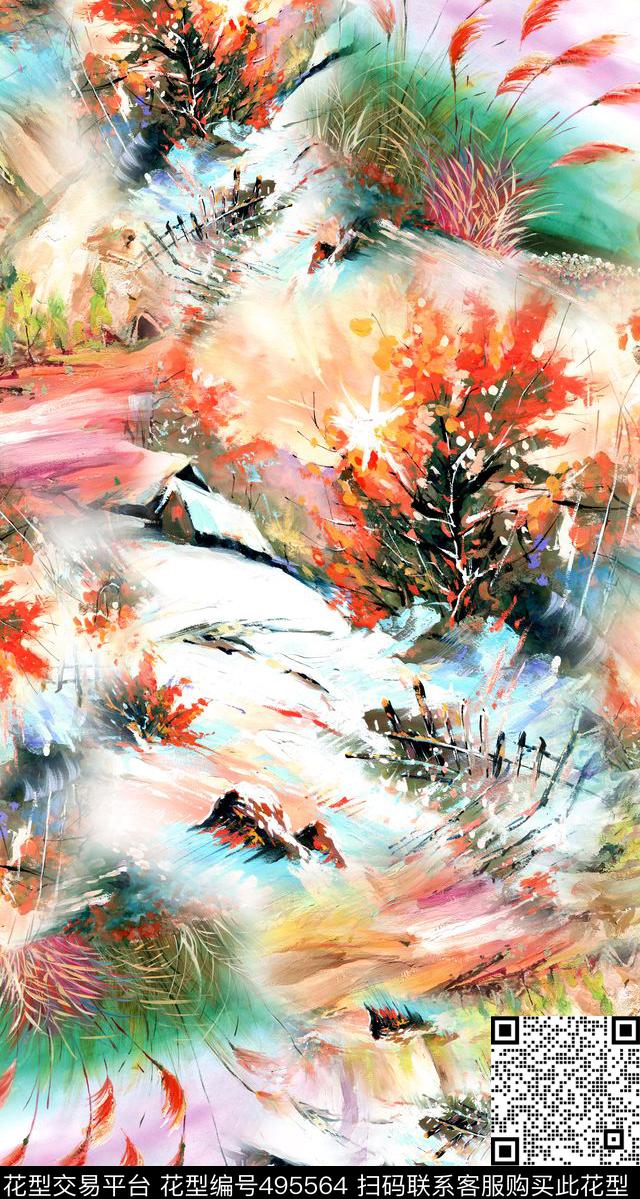 中国风国画写意数码印花华亿平台下载（图片编号: 495564） - 瓦栏（Walan）