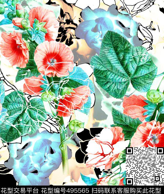 流行时尚手绘水彩花卉欧美数码印花华亿平台下载（图片编号: 495565） - 瓦栏（Walan）
