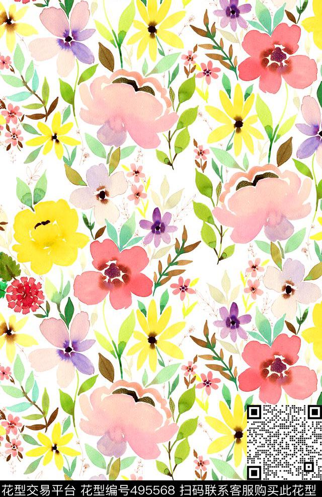 流行时尚欧美手绘水彩花卉数码印花华亿平台下载（图片编号: 495568） - 瓦栏（Walan）