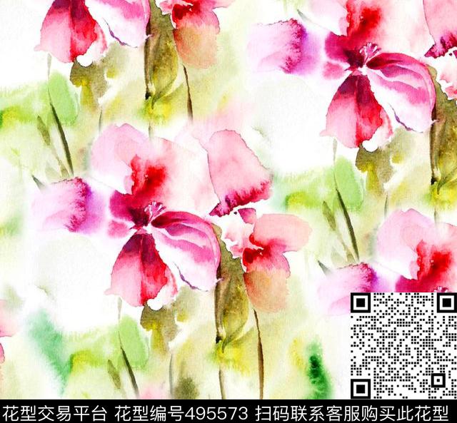 流行时尚手绘水彩花卉欧美数码印花华亿平台下载（图片编号: 495573） - 瓦栏（Walan）