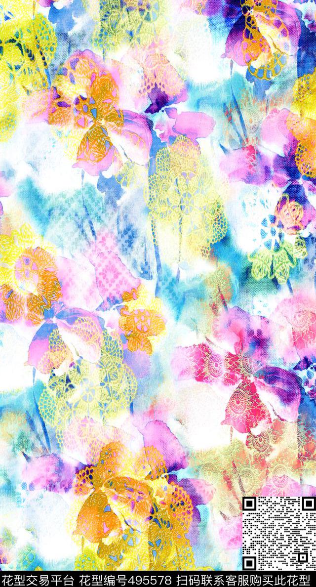 流行时尚手绘水彩花卉欧美数码印花华亿平台下载（图片编号: 495578） - 瓦栏（Walan）