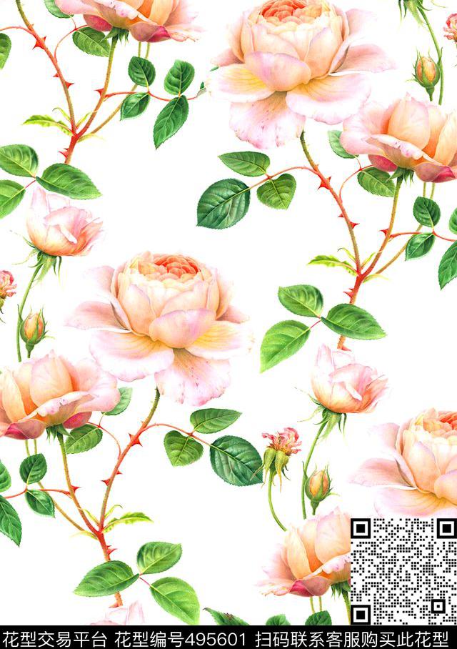 流行时尚手绘水彩花卉欧美数码印花华亿平台下载（图片编号: 495601） - 瓦栏（Walan）