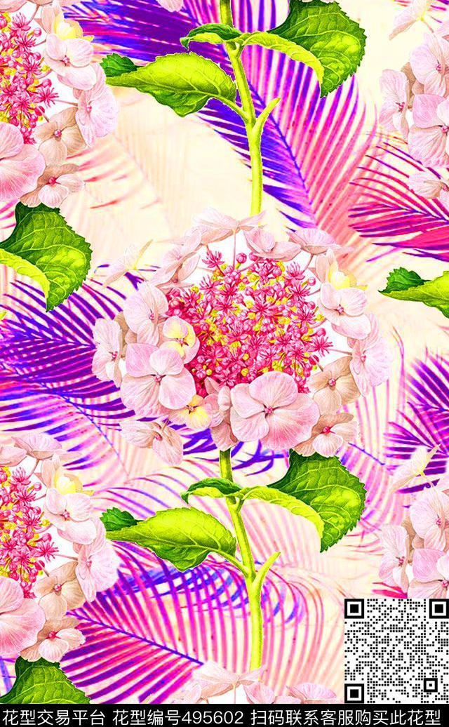 流行时尚手绘水彩花卉欧美数码印花华亿平台下载（图片编号: 495602） - 瓦栏（Walan）