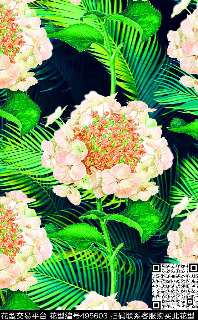 流行时尚手绘水彩花卉欧美数码印花华亿平台下载（图片编号: 495603） - 瓦栏（Walan）