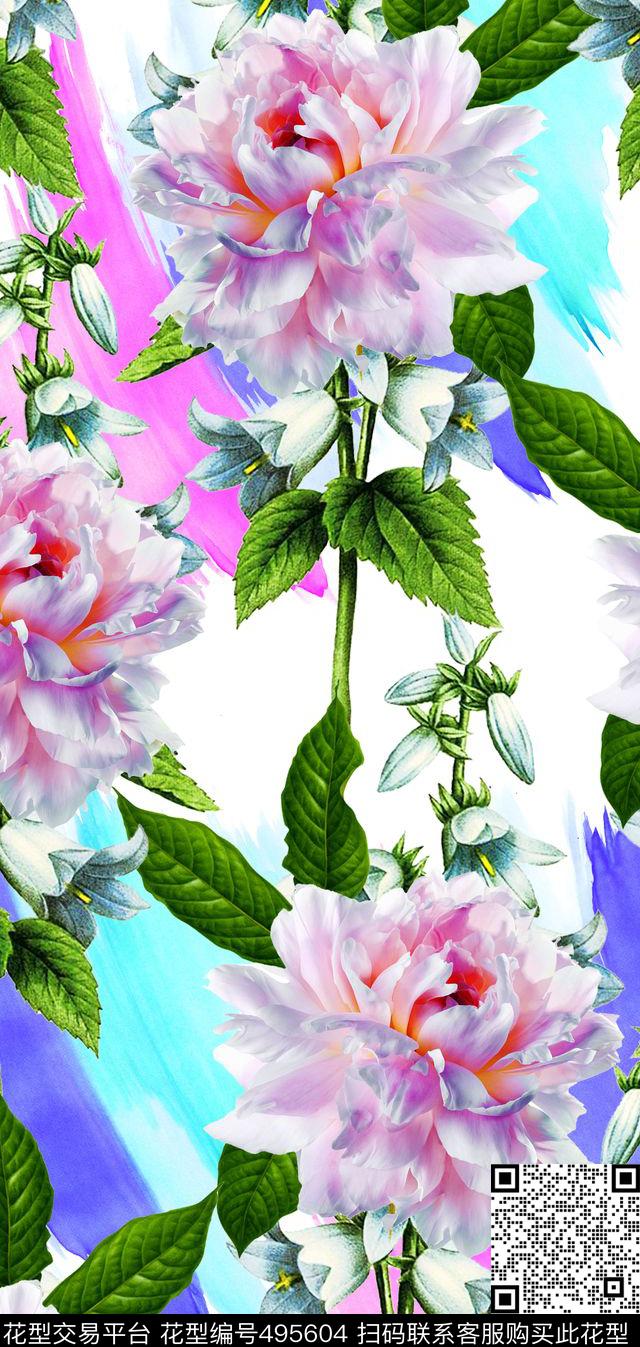 流行时尚欧美手绘水彩花卉数码印花华亿平台下载（图片编号: 495604） - 瓦栏（Walan）