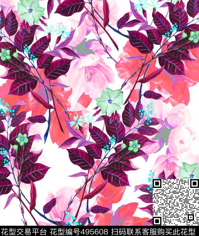 流行时尚手绘水彩花卉欧美数码印花华亿平台下载（图片编号: 495608） - 瓦栏（Walan）