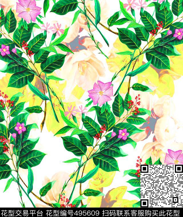 流行时尚欧美手绘水彩花卉数码印花华亿平台下载（图片编号: 495609） - 瓦栏（Walan）