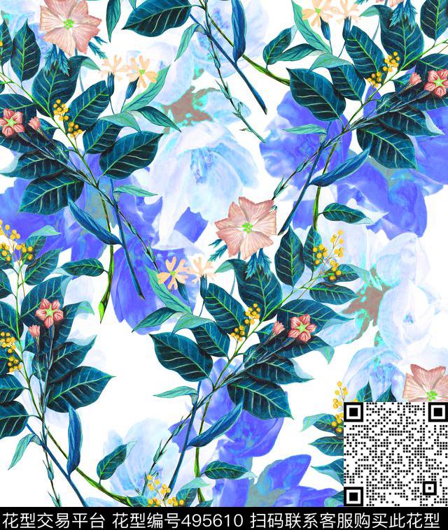 流行时尚手绘水彩花卉欧美数码印花华亿平台下载（图片编号: 495610） - 瓦栏（Walan）