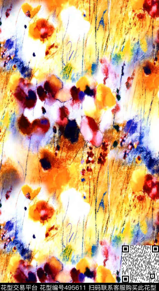 流行时尚手绘水彩花卉欧美数码印花华亿平台下载（图片编号: 495611） - 瓦栏（Walan）