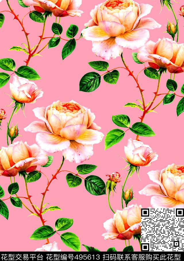 流行时尚欧美手绘水彩花卉数码印花华亿平台下载（图片编号: 495613） - 瓦栏（Walan）