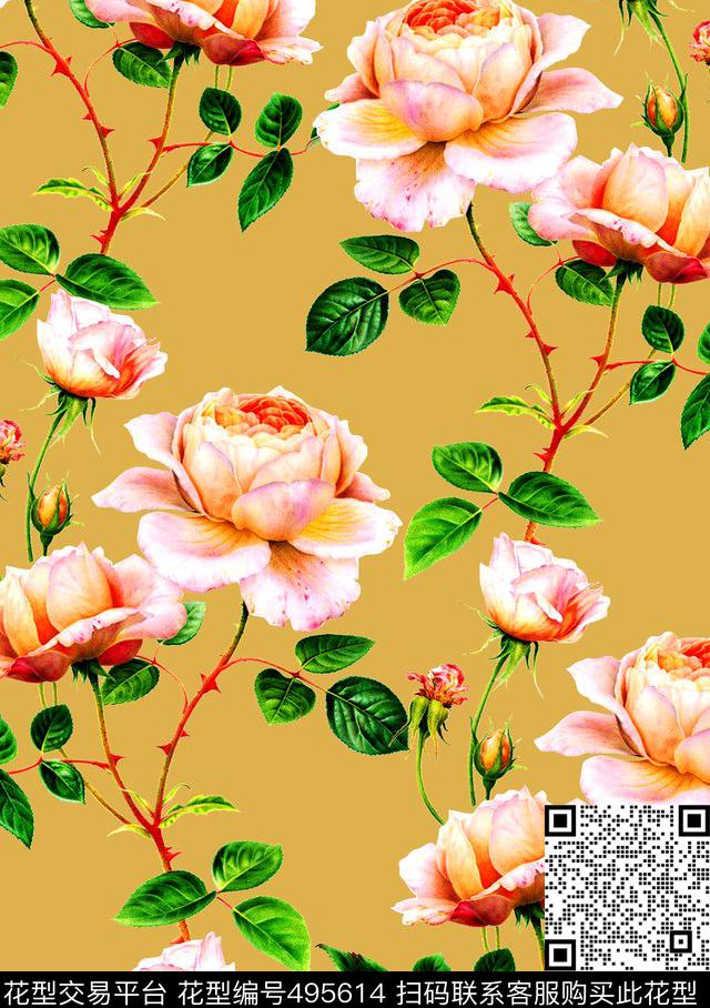流行时尚欧美手绘水彩花卉数码印花华亿平台下载（图片编号: 495614） - 瓦栏（Walan）