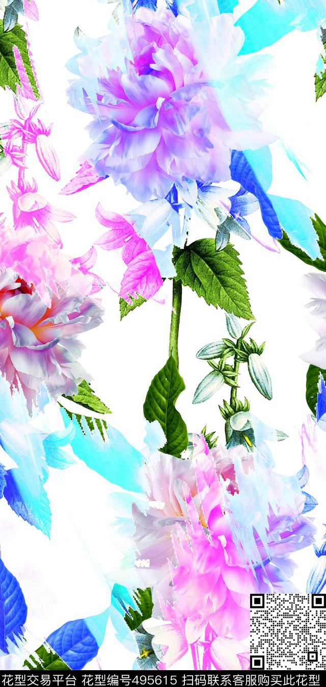 流行时尚欧美手绘水彩花卉数码印花华亿平台下载（图片编号: 495615） - 瓦栏（Walan）