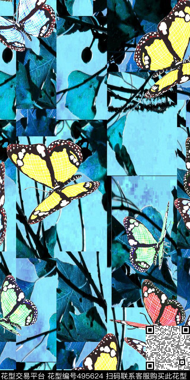 解构重组风景画蝴蝶数码印花华亿平台下载（图片编号: 495624） - 瓦栏（Walan）
