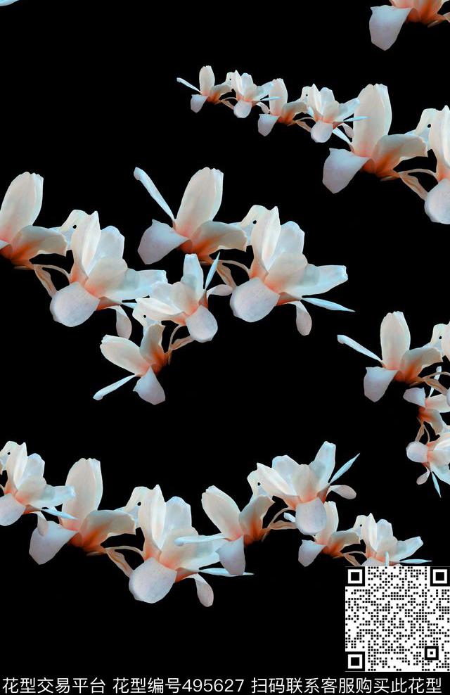 黑底玉兰花亮丽数码印花华亿平台下载（图片编号: 495627） - 瓦栏（Walan）