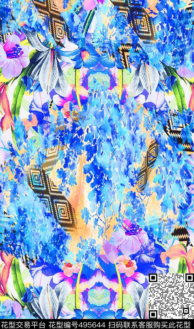 流行时尚手绘水彩花卉欧美数码印花华亿平台下载（图片编号: 495644） - 瓦栏（Walan）