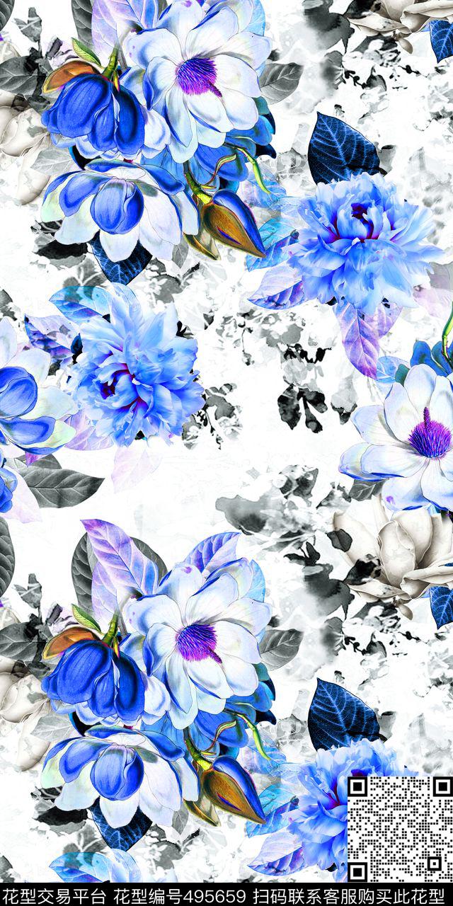 流行时尚欧美手绘水彩花卉数码印花华亿平台下载（图片编号: 495659） - 瓦栏（Walan）
