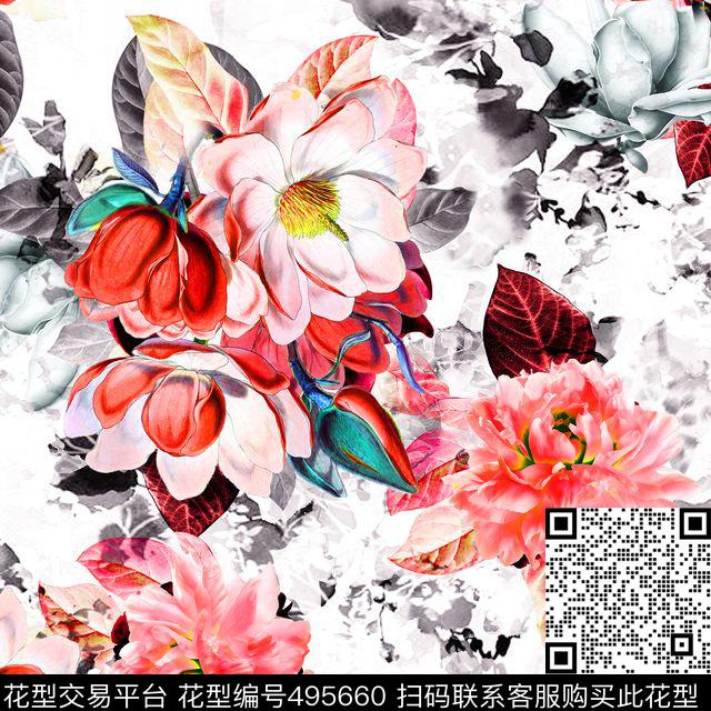 流行时尚欧美手绘水彩花卉数码印花华亿平台下载（图片编号: 495660） - 瓦栏（Walan）