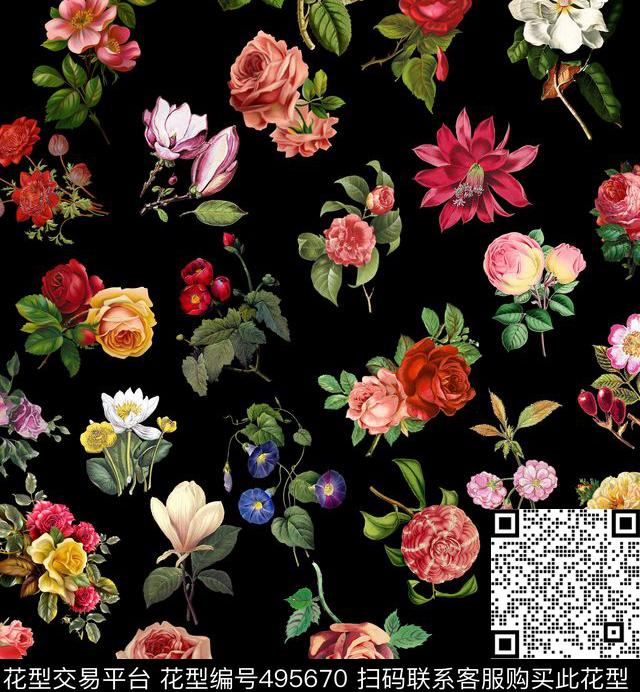 黑底花卉小碎花数码印花华亿平台下载（图片编号: 495670） - 瓦栏（Walan）