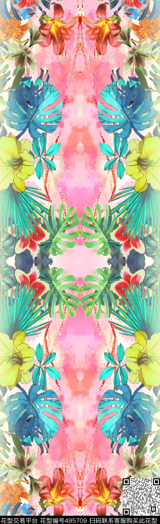 手绘花卉水彩数码印花华亿平台下载（图片编号: 495709） - 瓦栏（Walan）