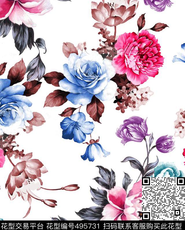 清新花卉水彩花卉数码印花华亿平台下载（图片编号: 495731） - 瓦栏（Walan）