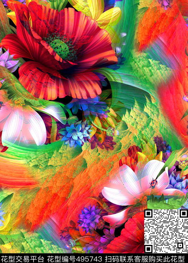 流行时尚手绘水彩花卉欧美数码印花华亿平台下载（图片编号: 495743） - 瓦栏（Walan）