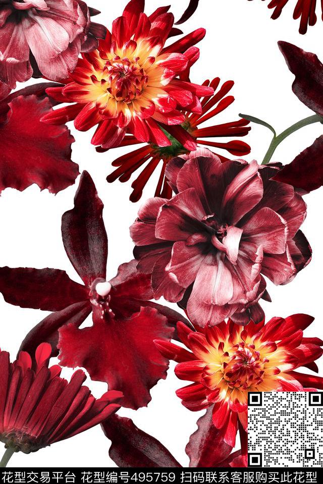 时尚花卉红数码印花华亿平台下载（图片编号: 495759） - 瓦栏（Walan）