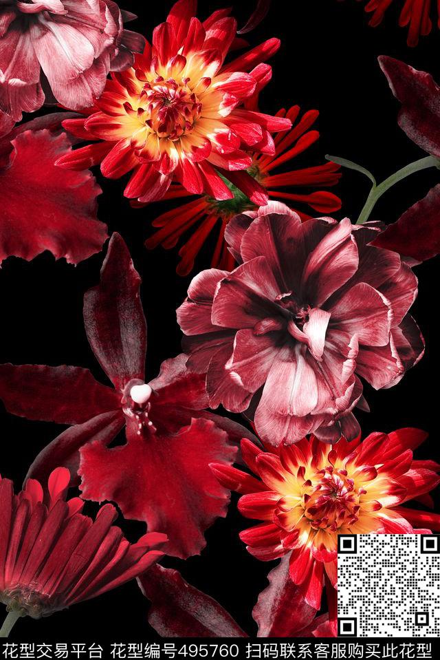 时尚花卉红数码印花华亿平台下载（图片编号: 495760） - 瓦栏（Walan）