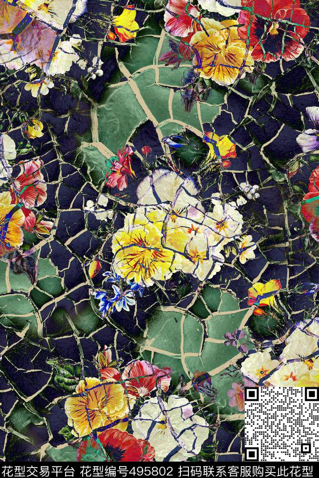 抽象泥土纹理花卉数码印花华亿平台下载（图片编号: 495802） - 瓦栏（Walan）