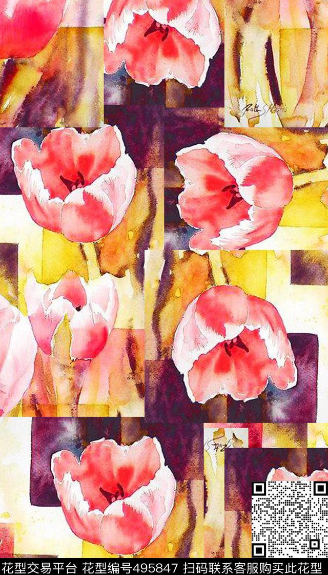时尚水彩花卉服装数码印花华亿平台下载（图片编号: 495847） - 瓦栏（Walan）