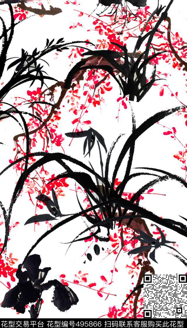 中国风水墨花草梅花数码印花华亿平台下载（图片编号: 495866） - 瓦栏（Walan）