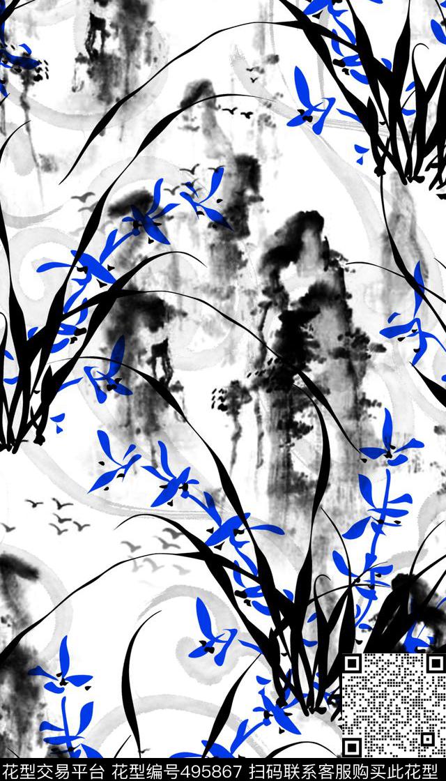 中国风水墨花草水墨山水数码印花华亿平台下载（图片编号: 495867） - 瓦栏（Walan）