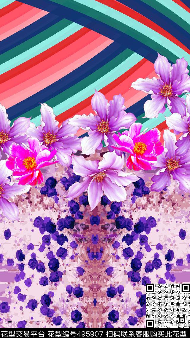 民族色调线条花卉线条数码印花华亿平台下载（图片编号: 495907） - 瓦栏（Walan）