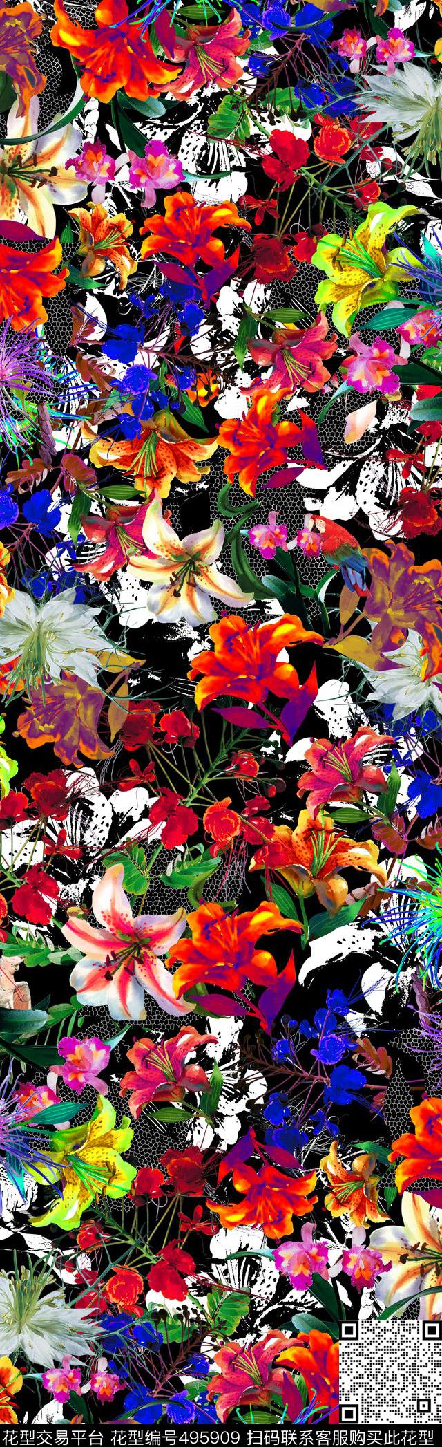 热带风各种花卉花卉长巾数码印花华亿平台下载（图片编号: 495909） - 瓦栏（Walan）