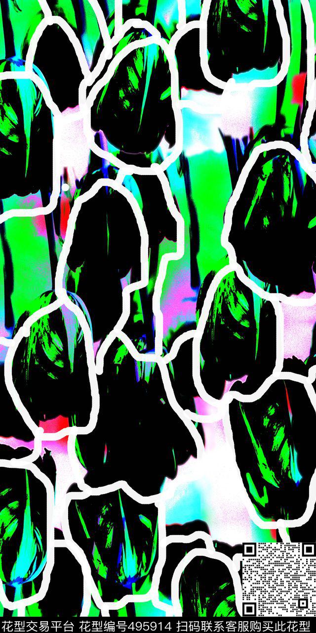 抽象花卉郁金香线条数码印花华亿平台下载（图片编号: 495914） - 瓦栏（Walan）