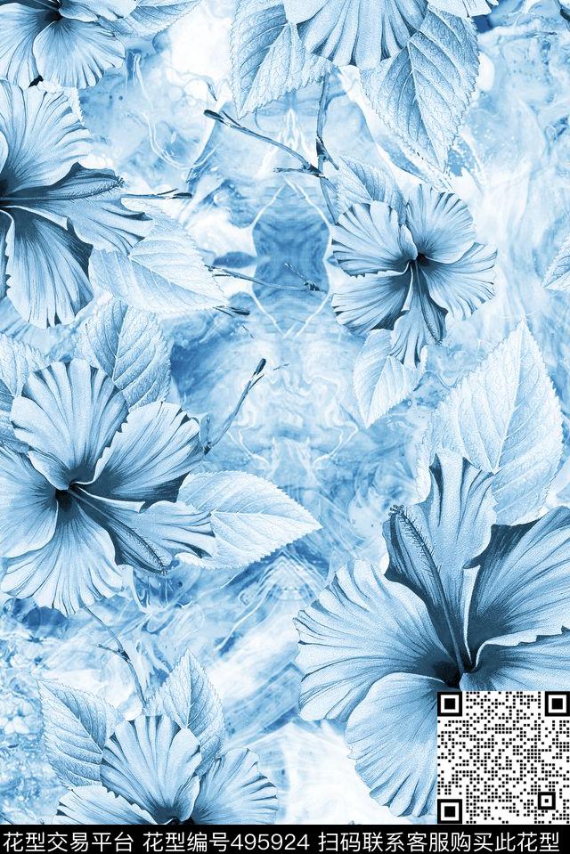 流行时尚手绘水彩花卉欧美数码印花华亿平台下载（图片编号: 495924） - 瓦栏（Walan）