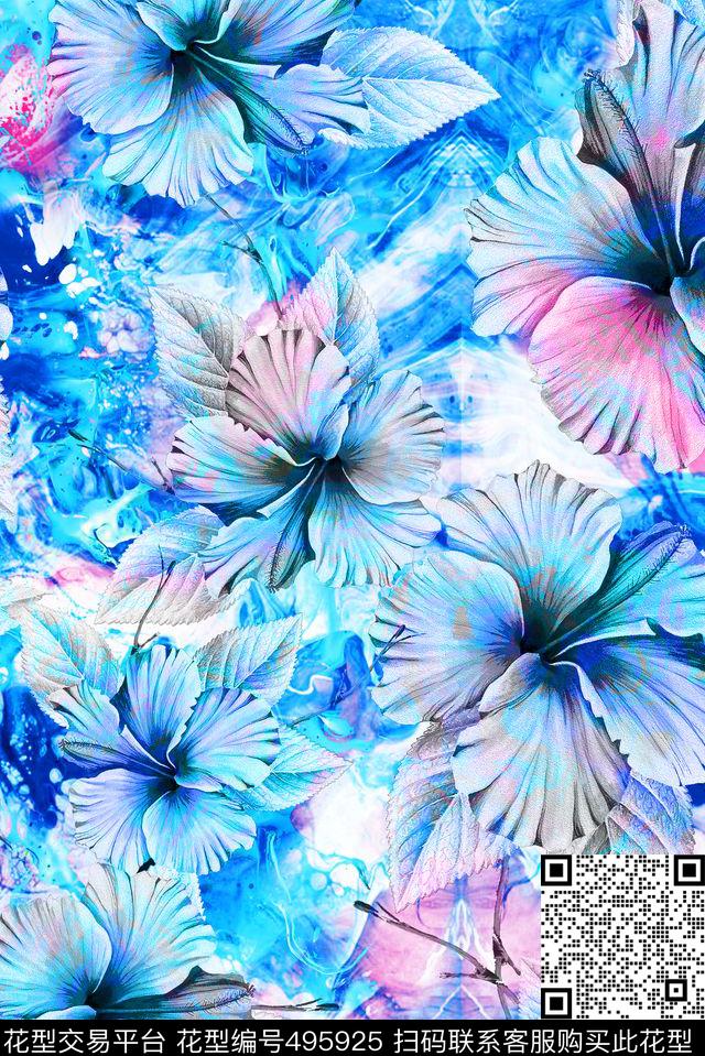 流行时尚手绘水彩花卉欧美数码印花华亿平台下载（图片编号: 495925） - 瓦栏（Walan）