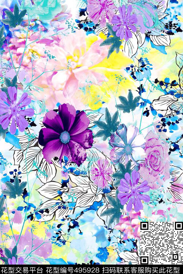 流行时尚手绘水彩花卉欧美数码印花华亿平台下载（图片编号: 495928） - 瓦栏（Walan）
