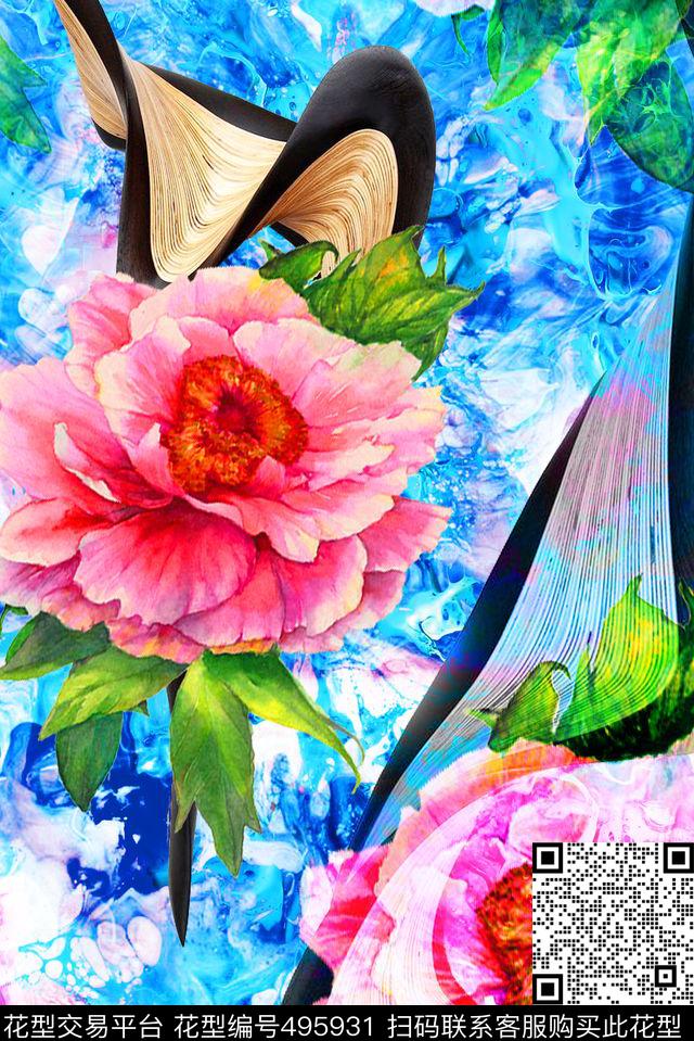 流行时尚手绘水彩花卉欧美数码印花华亿平台下载（图片编号: 495931） - 瓦栏（Walan）