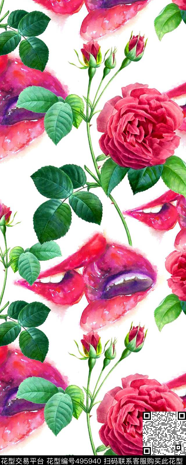 流行时尚手绘亲吻水彩花卉欧美数码印花华亿平台下载（图片编号: 495940） - 瓦栏（Walan）