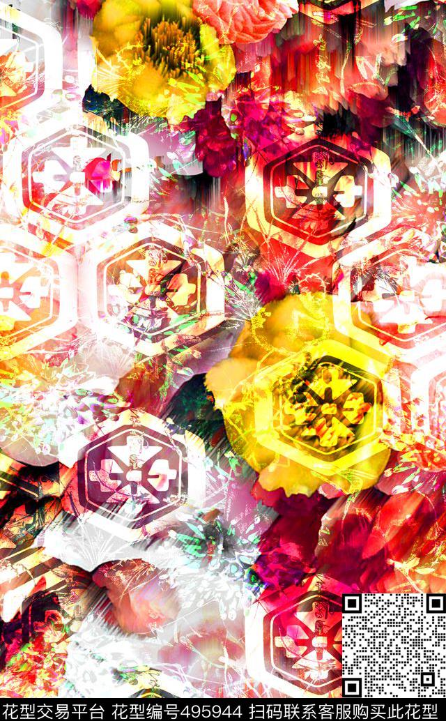 流行时尚手绘水彩花卉欧美数码印花华亿平台下载（图片编号: 495944） - 瓦栏（Walan）