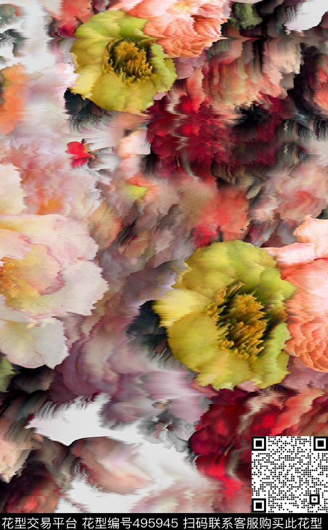 流行时尚手绘水彩花卉欧美数码印花华亿平台下载（图片编号: 495945） - 瓦栏（Walan）