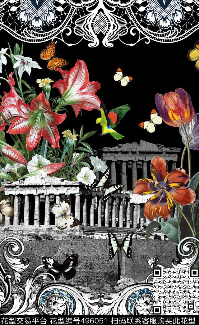 潮流时尚大牌花卉蕾丝花边数码印花华亿平台下载（图片编号: 496051） - 瓦栏（Walan）