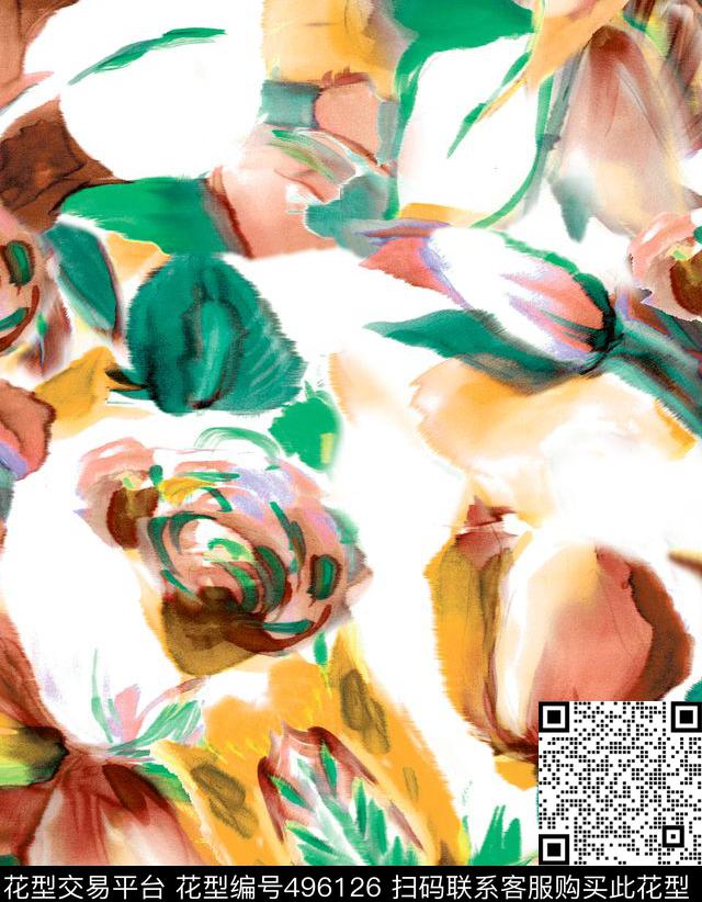 原创花卉优雅数码印花华亿平台下载（图片编号: 496126） - 瓦栏（Walan）