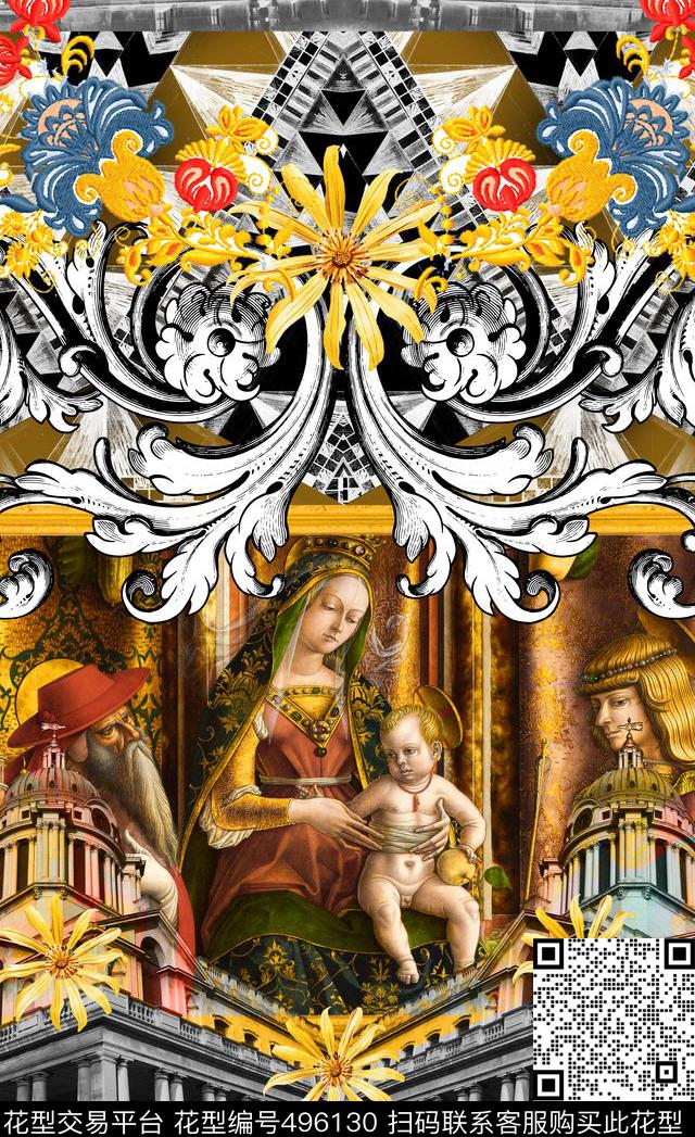 潮流时尚定位圣母花卉欧式手绘花边数码印花华亿平台下载（图片编号: 496130） - 瓦栏（Walan）