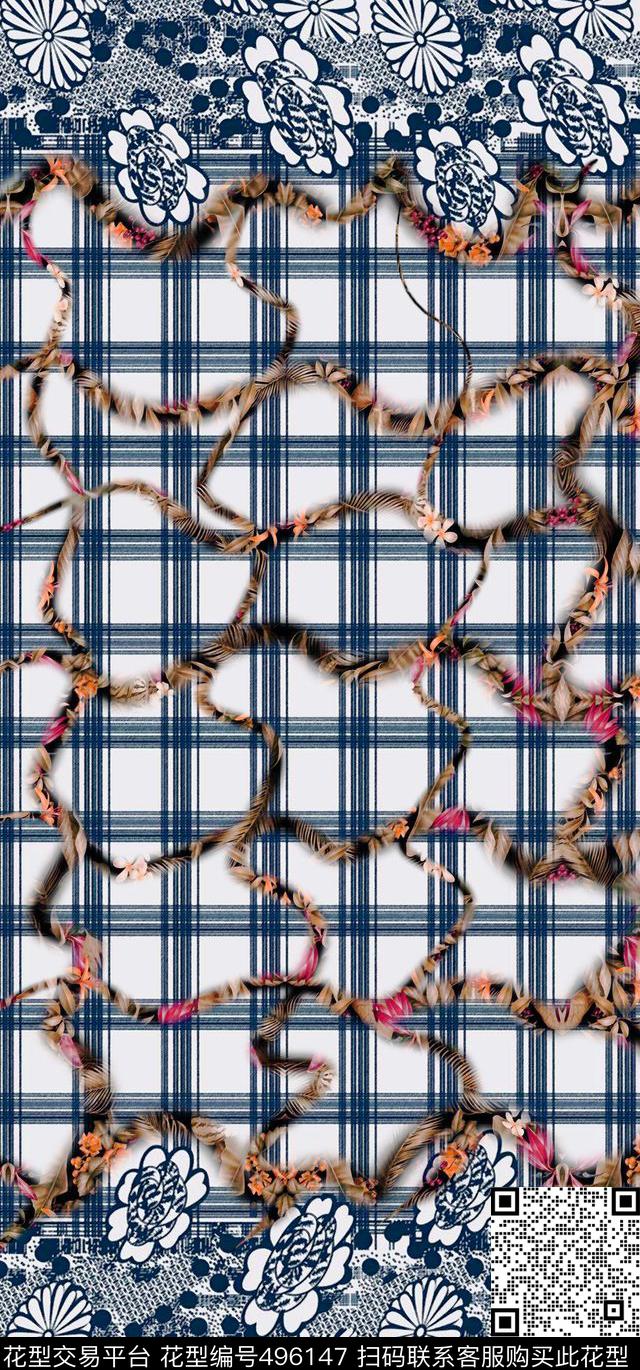 时尚扭曲格子热带花卉数码印花华亿平台下载（图片编号: 496147） - 瓦栏（Walan）
