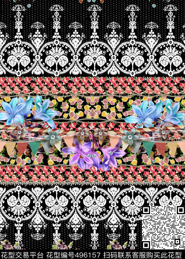 花卉蕾丝时尚数码印花华亿平台下载（图片编号: 496157） - 瓦栏（Walan）